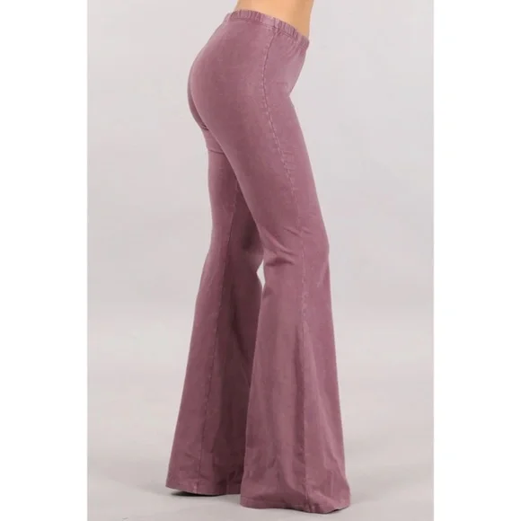 Dusty Rose Boho Mineral Wash Stretch Flared Bell Bottom Casual Pants - Picture 4 of 6